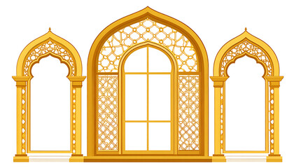 Obraz premium Ornate golden arched doorway and window with intricate geometric patterns, traditional Islamic architecture elements