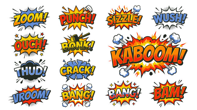 Action-packed comic book sound effects and speech clouds.