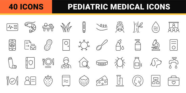 Pediatric allergy care line icon set. Vector pictograms of medical, clinic, allergen, and treatment elements, thin linear illustration.