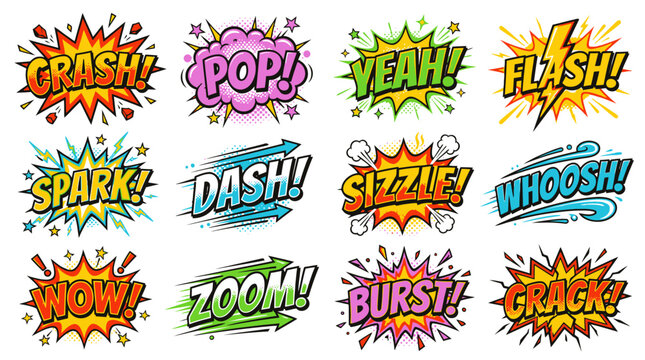Action-packed comic book sound effects in colorful pop art style.