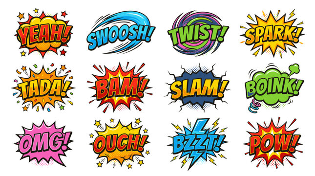Assorted comic book sound effects and onomatopoeia sticker set.