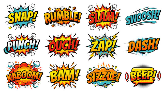 Action-packed comic book sound effects in colorful bubble set.