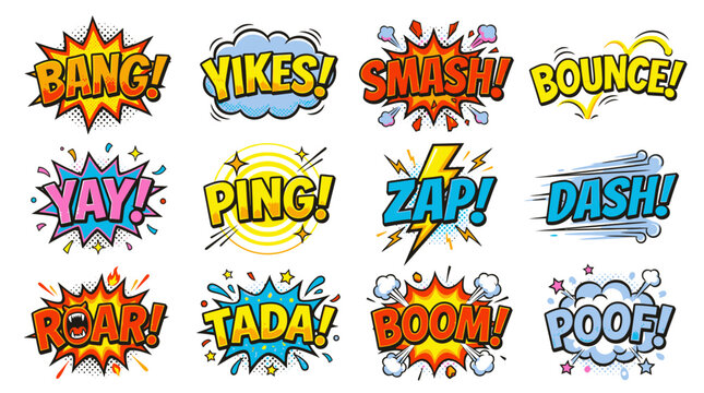 Action word bubbles in classic comic book style collection