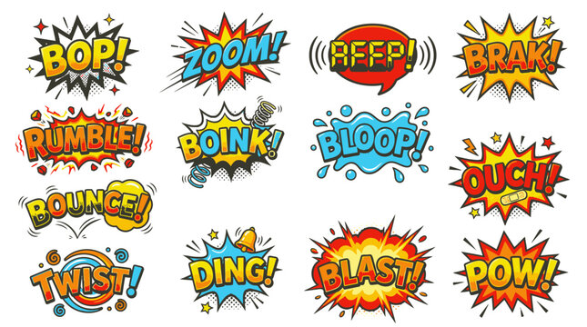 Action-themed comic speech bubbles with various sound effects.