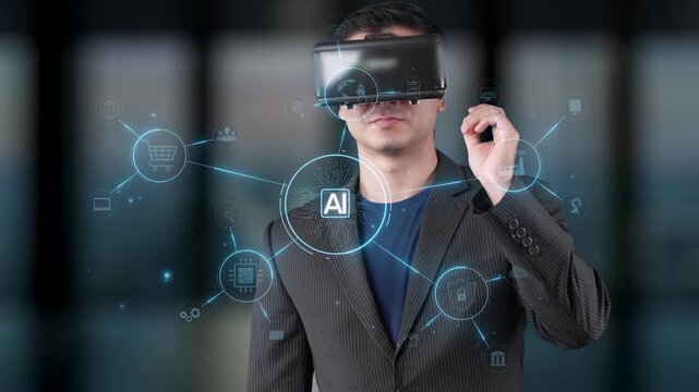 A person wearing a virtual reality headset is surrounded by icons representing technology and innovation, symbolizing the future of digital experiences and artificial intelligence. Raster