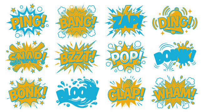Blue and yellow comic sound effect bubble collection.