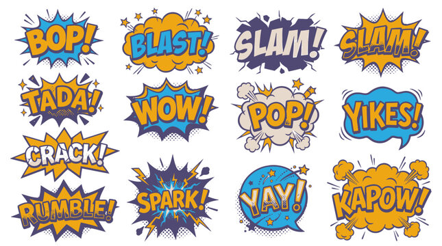 Blue and yellow comic speech bubbles with action text.
