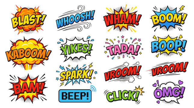 Assorted comic book sound effect bubbles with action text.