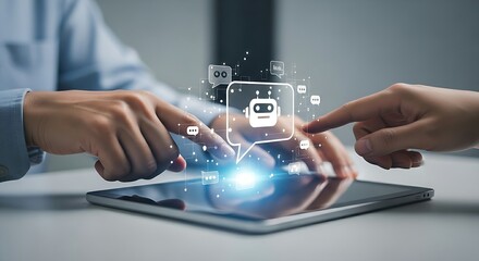 Fototapeta premium Tablet with holographic robot icon in speech bubble for automated customer support