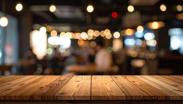 Wooden table surface in focus with a softly blurred background of a cozy cafe interior at night with warm bokeh lights