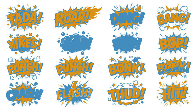 Blue and orange comic book sound effect bubble set.