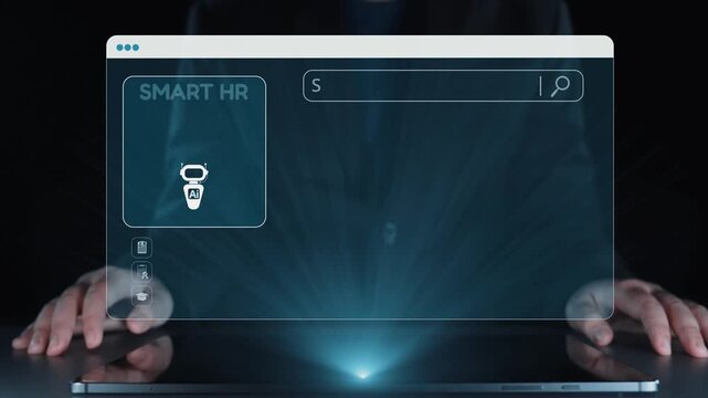 A captivating digital interface showcasing smart HR technology that integrates AI for enhanced data management, featuring a user-friendly search function and innovative design. Qubit
