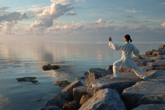 Tranquil movements: tai chi at the seaside sunrise. Mind-body ba