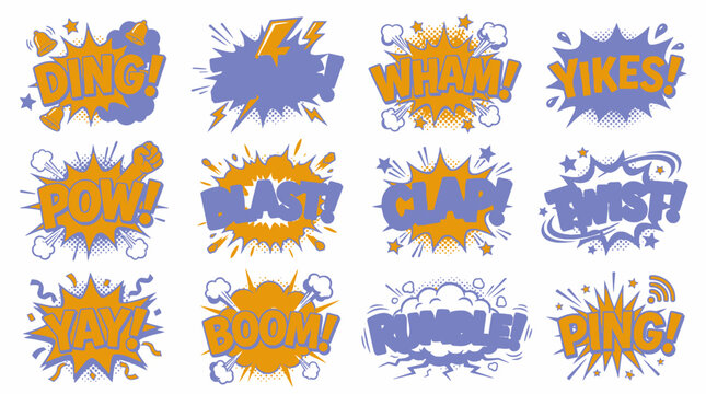 Blue and orange pop art comic sound effect bubbles.