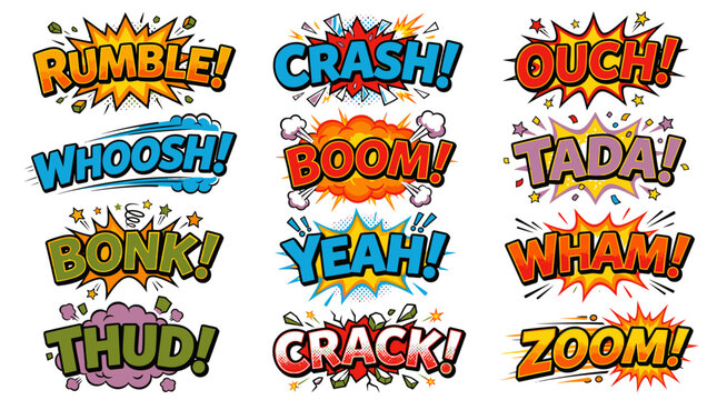 Bold comic book sound bubbles with colorful action words