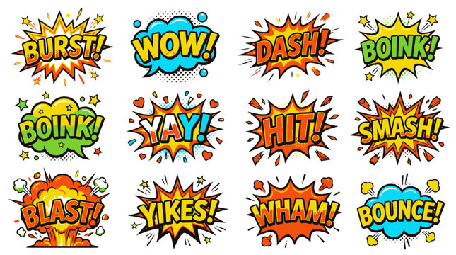 Bold comic book sound bubbles featuring smash blast and bounce.