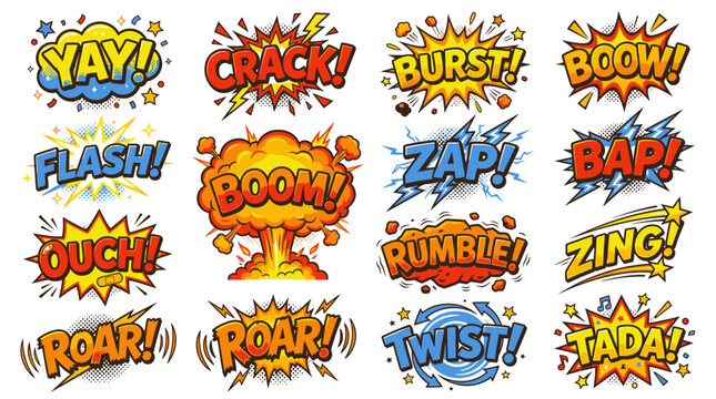 Brightly colored comic sound effect stickers with YAY and BOOM.