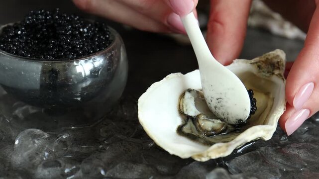 Woman putting tasty black caviar into oyster shell with spoon at textured table, closeup