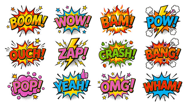 Brightly colored comic sound effect bubbles for dynamic designs.
