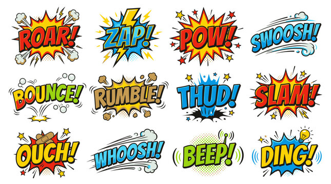 Bold comic book speech bubbles with powerful action sounds.