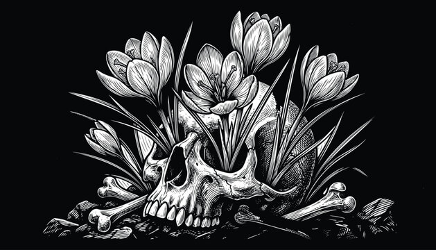 Black and white engraving style illustration of human skull with crocus flowers blooming from eye sockets and scattered bones.