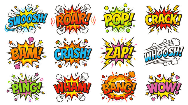 Classic superhero style comic book sound effect icons.