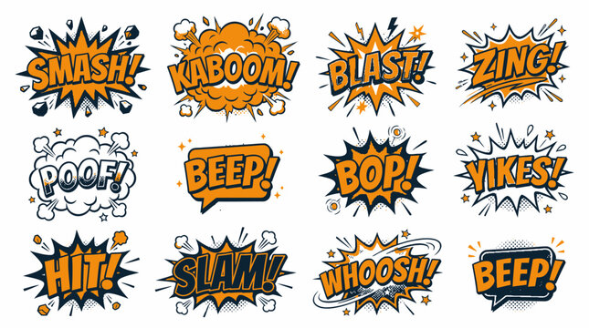Classic comic book explosion and action sound effect stickers.