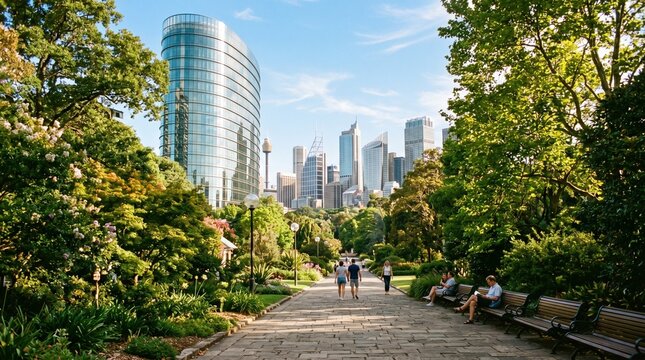 A scenic paved path through Sydney Royal Botanic Garden leading toward a striking metropolitan skyline under blue skies.