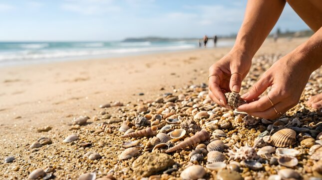 Woman hands holding a small shell while beachcombing on a sunny sandy shore