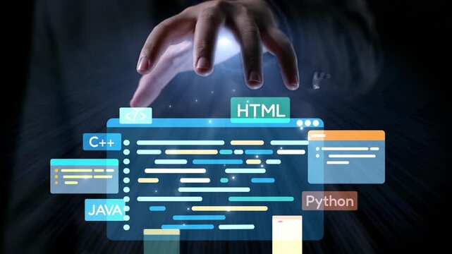 A creative depiction of a programmer hand interacting with an illuminated code interface featuring various programming languages in a futuristic setting. Qubit