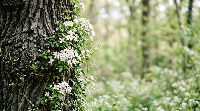 White clematis flowers climbing a textured tree trunk in a lush forest