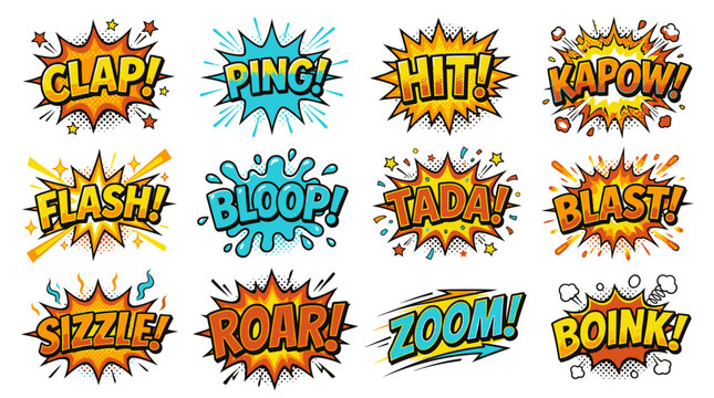 Collection of retro comic book action sound words and bubbles.
