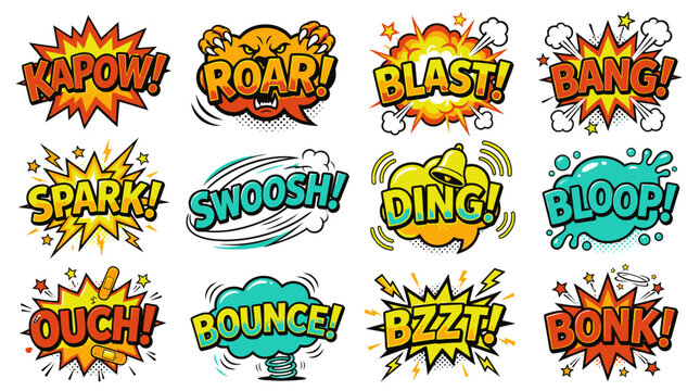 Collection of retro comic book onomatopoeia speech bubbles.