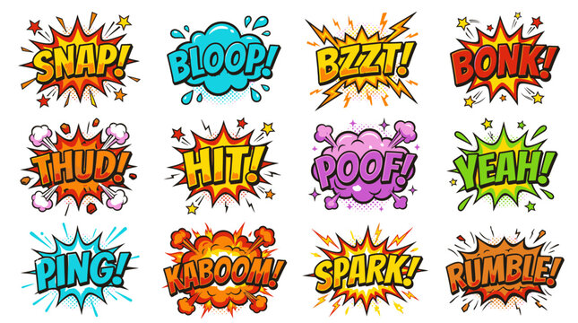 Collection of stylized comic book sound effects and icons.