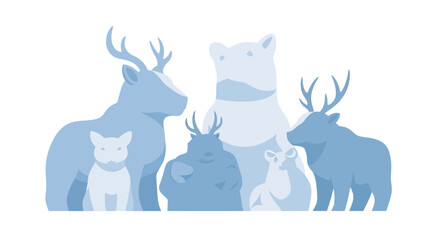 A collection of stylized arctic animals including deer and bears in blue tones. © ayana