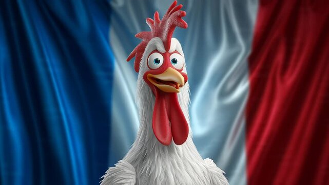 Animated rooster character standing in front of a waving French flag background.