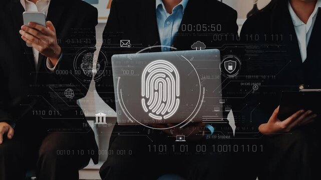Business professionals engage in a discussion about digital security solutions with a modern technology interface, emphasizing innovation and identity protection. Raster