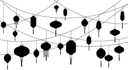 A collection of hanging traditional Asian lanterns against a plain white background. © ayana