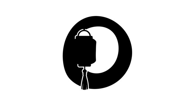 Minimalist black silhouette of a traditional Chinese lantern inside a circular frame.