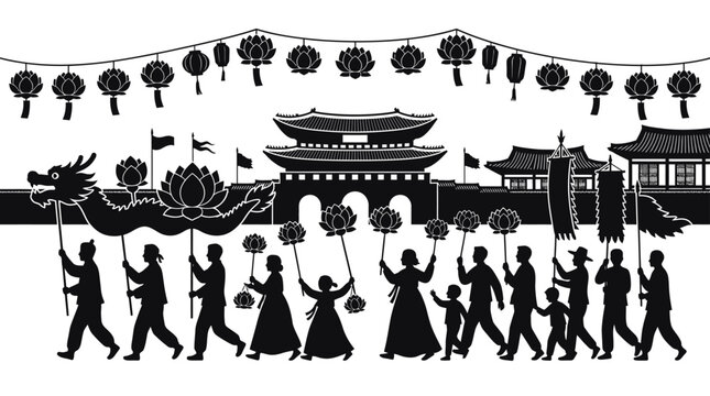 A silhouette illustration of a traditional Korean festival parade with people carrying lanterns and a dragon.