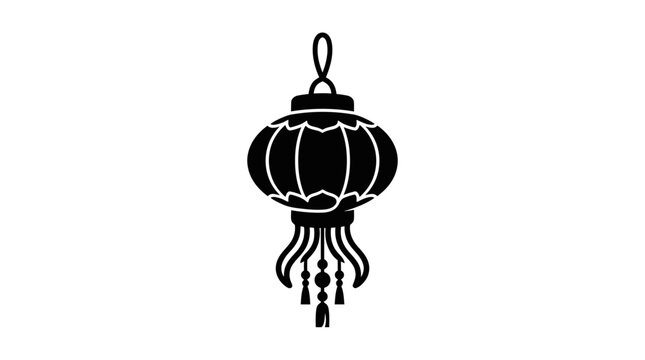 A black silhouette of a traditional Chinese lantern with decorative tassels hanging down.
