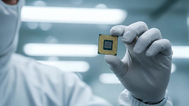 Cleanroom worker meticulously inspects a delicate microchip, showcasing advanced semiconductor technology during a critical stage of electronic component manufacturing.