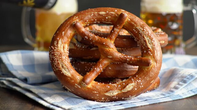 Close-up of a Freshly Baked Bavarian Pretzel with Cold Beer Mugs for Oktoberfest Celebration.