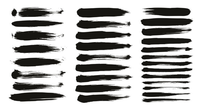 Paint splash splatter ink brush stroke blobs set. Brush paint stroke set, Dry brush texture. Grunge paint lines, rough drawn elements. Dirty liquid spots, rough dust, grain pattern
