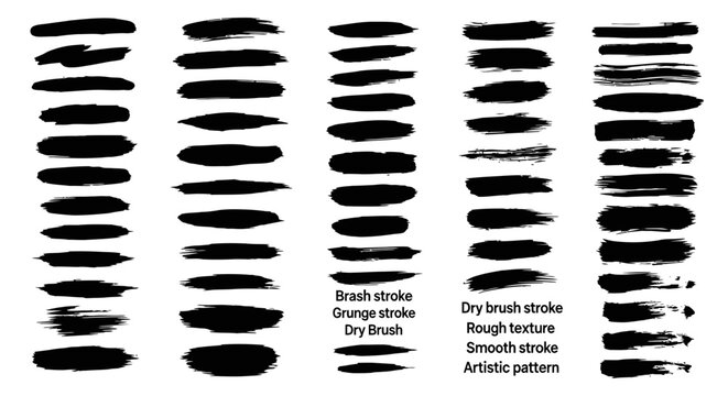 Paint splash splatter ink brush stroke blobs set. Brush paint stroke set, Dry brush texture. Grunge paint lines, rough drawn elements. Dirty liquid spots, rough dust, grain pattern

