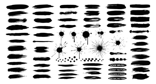 Paint splash splatter ink brush stroke blobs set. Brush paint stroke set, Dry brush texture. Grunge paint lines, rough drawn elements. Dirty liquid spots, rough dust, grain pattern
