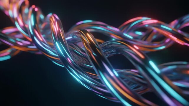 Vibrant neon light trails twisted together in abstract colorful pattern, glowing wires against dark background, futuristic technology concept, glowing lines, neon colors