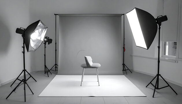 Professional photography studio setup with lighting equipment, backdrop, and chair for product or portrait shots, showcasing creative space