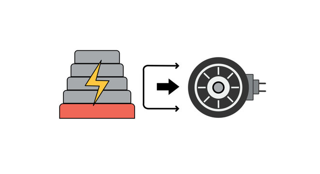 An electrical power generation process, showing a multi-layered battery energy storage cell with a lightning bolt symbol transferring electricity into a circular alternator motor hub.