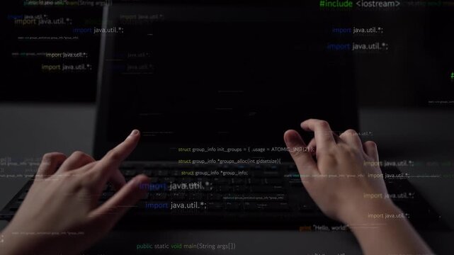 A close-up view of hands actively typing on a laptop with lines of code displayed on the screen, symbolizing the world of software development and digital creativity. Xenic